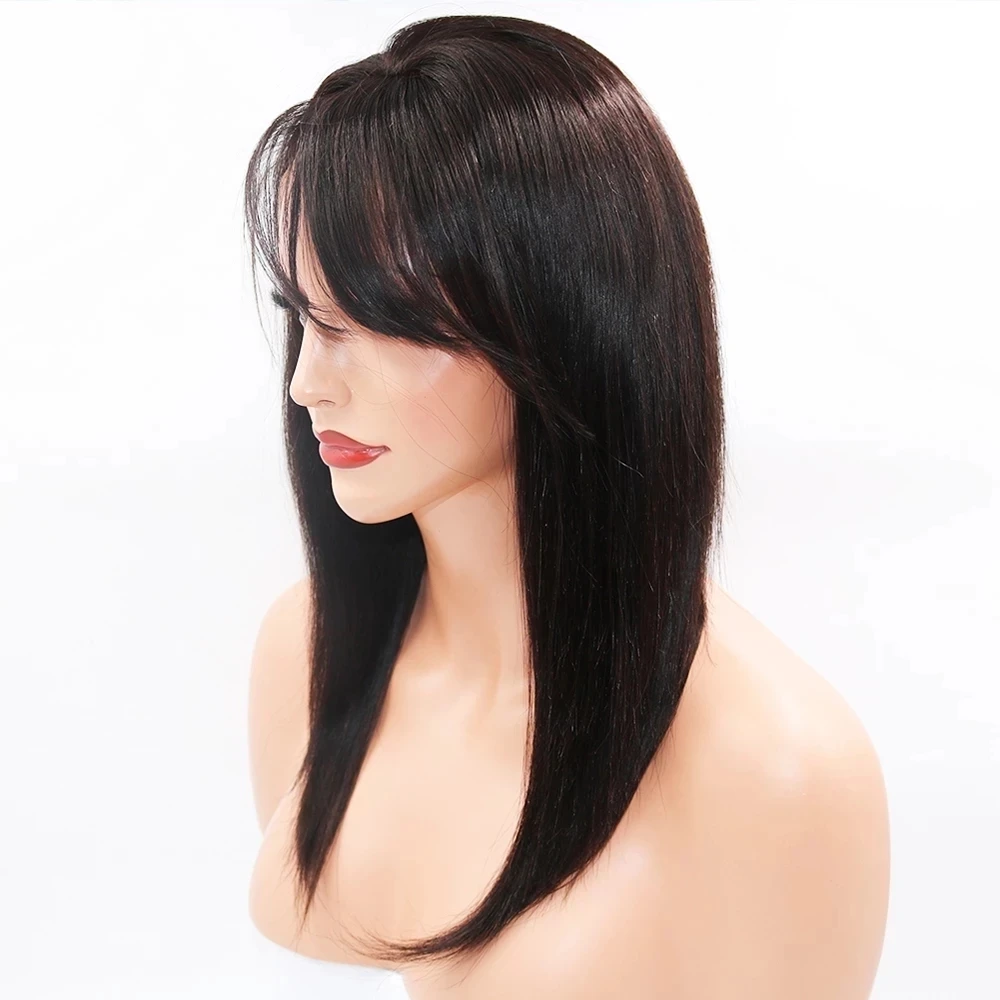 Fringe Silky Straight Lace Front Synthetic Hair Wigs For Black Women With Side Part Bangs Pre Plucked Hairline