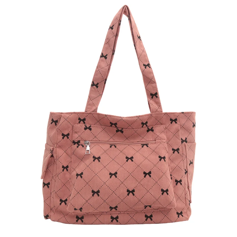 

Women Corduroy Tote Bag Fashion Shoulder Bag Large Capacity Casual Commuting Bag Bow Pattern Simple Shopping Bag Chic Hobo Bag