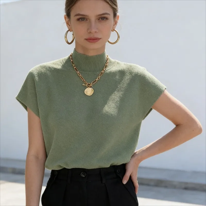 

Summer Versatile Semi High Neck Korean Elegant Slimming Solid Color Knitted Tops Fashionable New Casual Women's Pullover Top