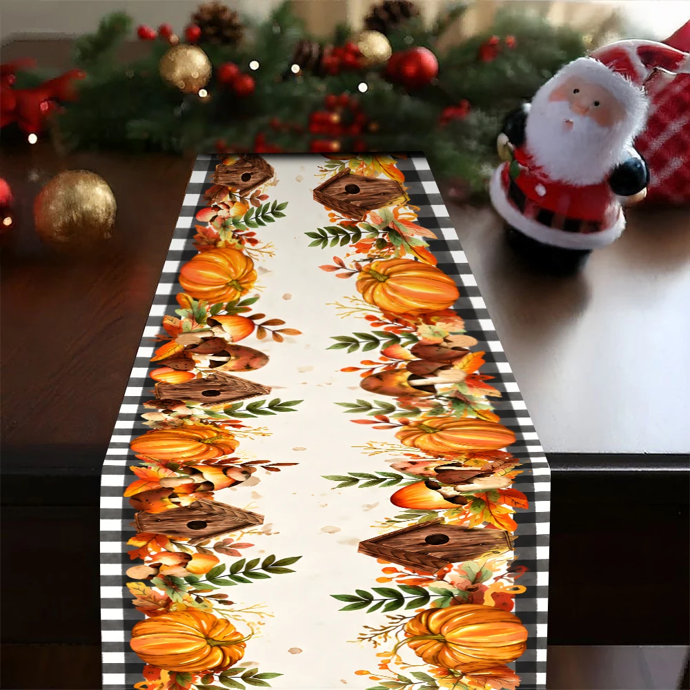 Fall Thanksgiving Table Runner Pumpkin Maple Leaf Black Buffalo Plaid Table Decor Autumn Harvest Holiday Kitchen Dining Table Ru
