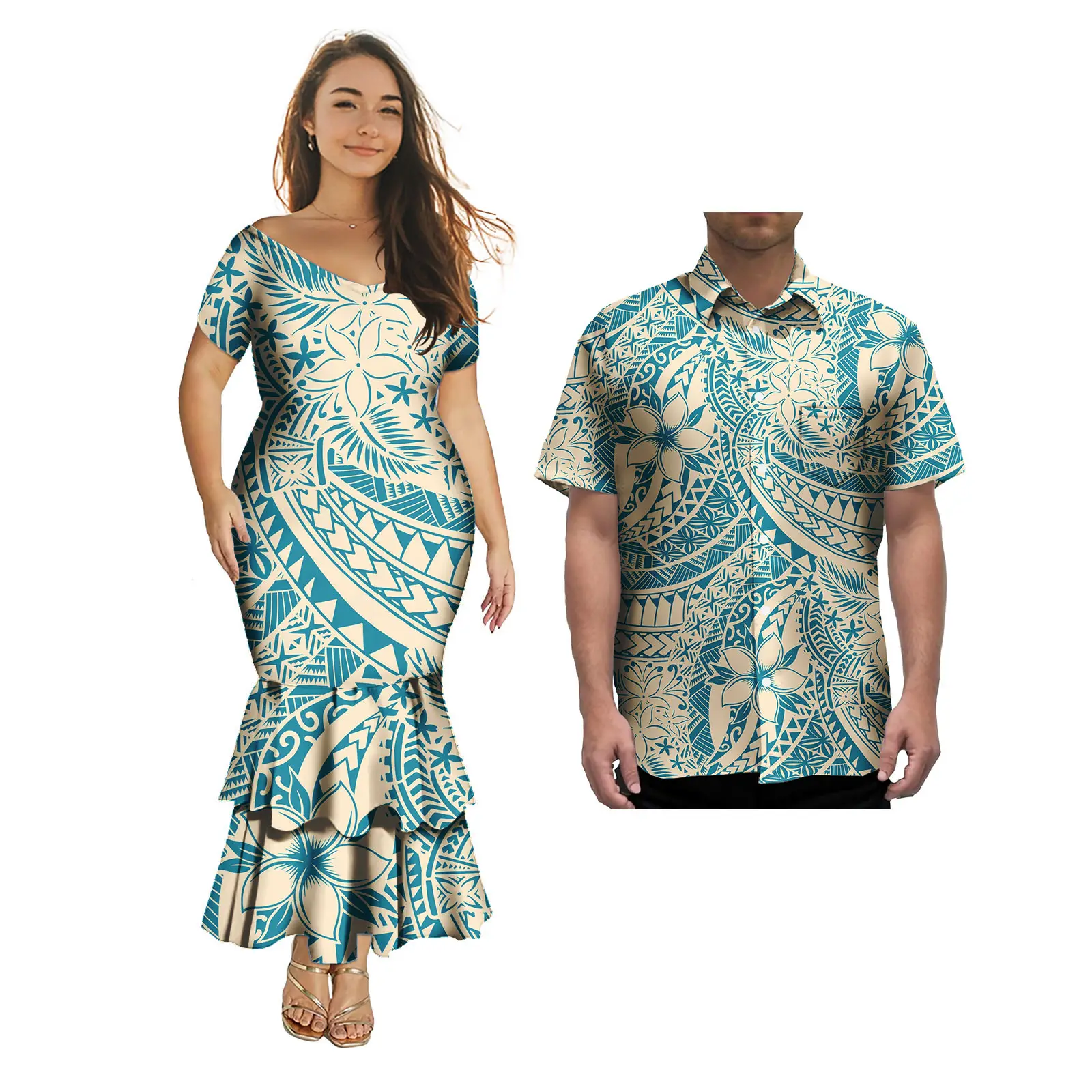 Nova venda quente roupas de casal 2 pçs personalizado samoa tonga polinésia tribal feminino com decote em v sereia vestido de baile jogo aloha camisa masculina