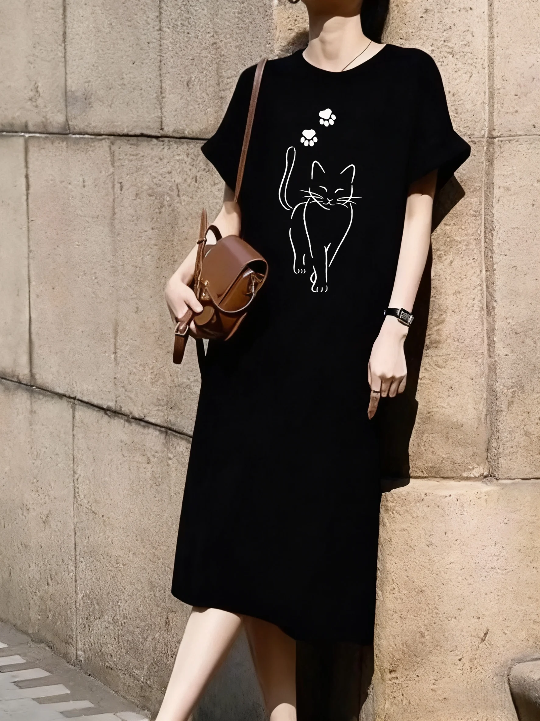 

Funny Cat Animal Single-sided Print Women Short Sleeved Sports Dress Mid Length Over Knee Dress Leisure Comfortable Long Tees