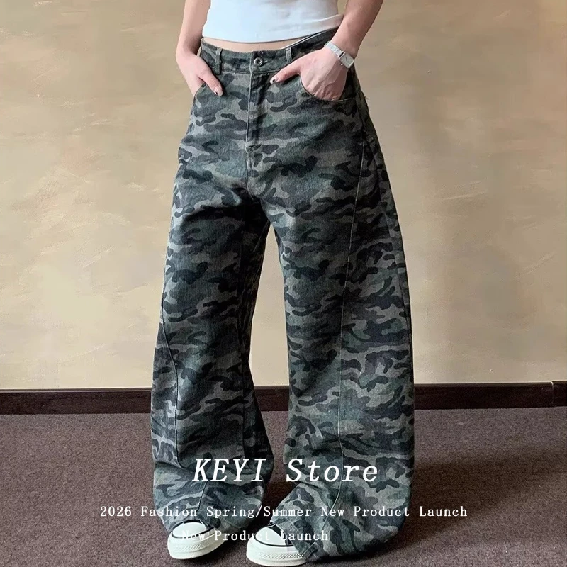

Американские камуфляжные брюки-карго с широкими штанинами для женщин, свободные прямые джинсы в пол, повседневные, с эффектом похудения