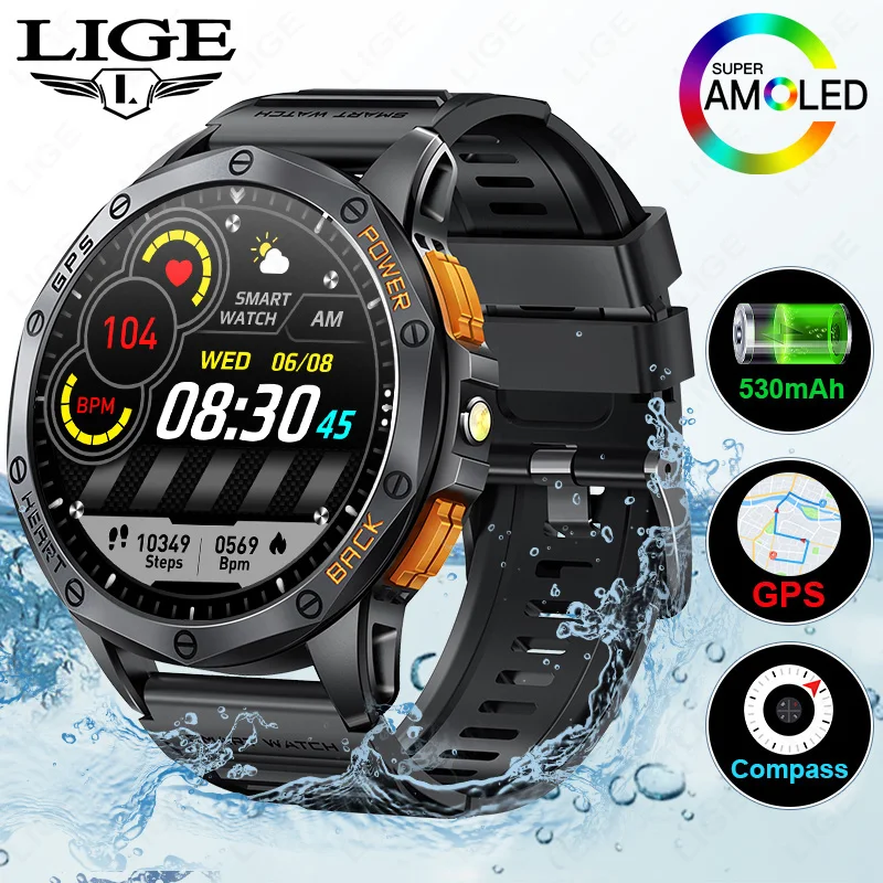 

Original LIGE Smart Watch 530mAh Large battery GPS Compass Voice Assistant Music Control Heart rate Men Smartwatches Android lOS