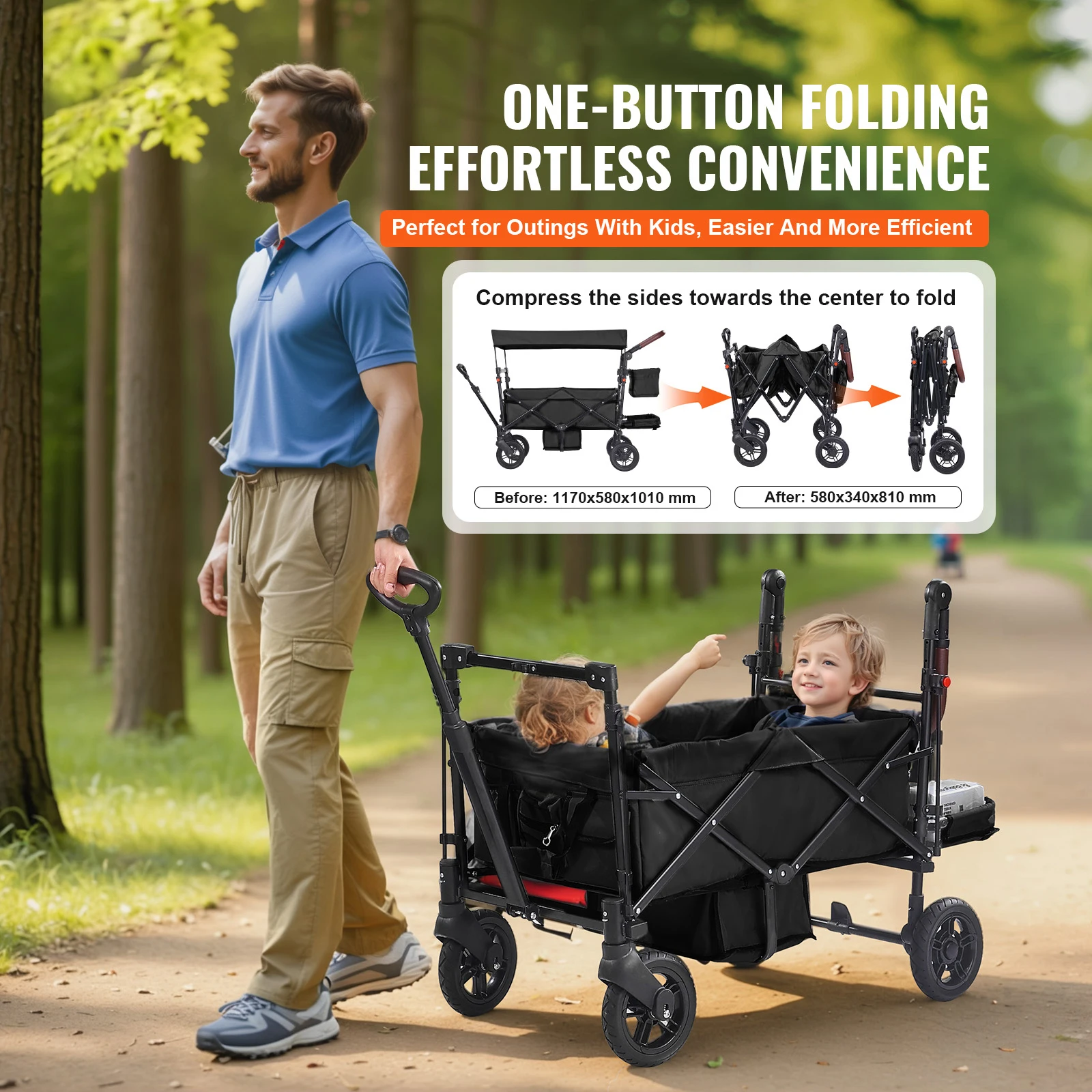 Wagon Stroller for 2 Kids, 4 Wheels with Brakes, Push Pull Quad Collapsible Stroller with Adjustable Handle, Encircling Harness Removable Canopy, Mutifunction Tandem Stroller for Camping Black