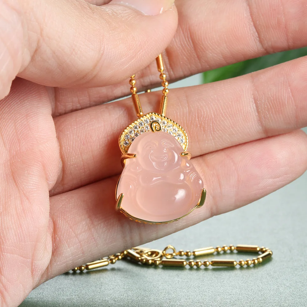 

Xiaohongshu S925 Sterling Silver Pink Buddha Gong Necklace Women's Simple Clavicle Chain Full Diamond Crystal Pendant
