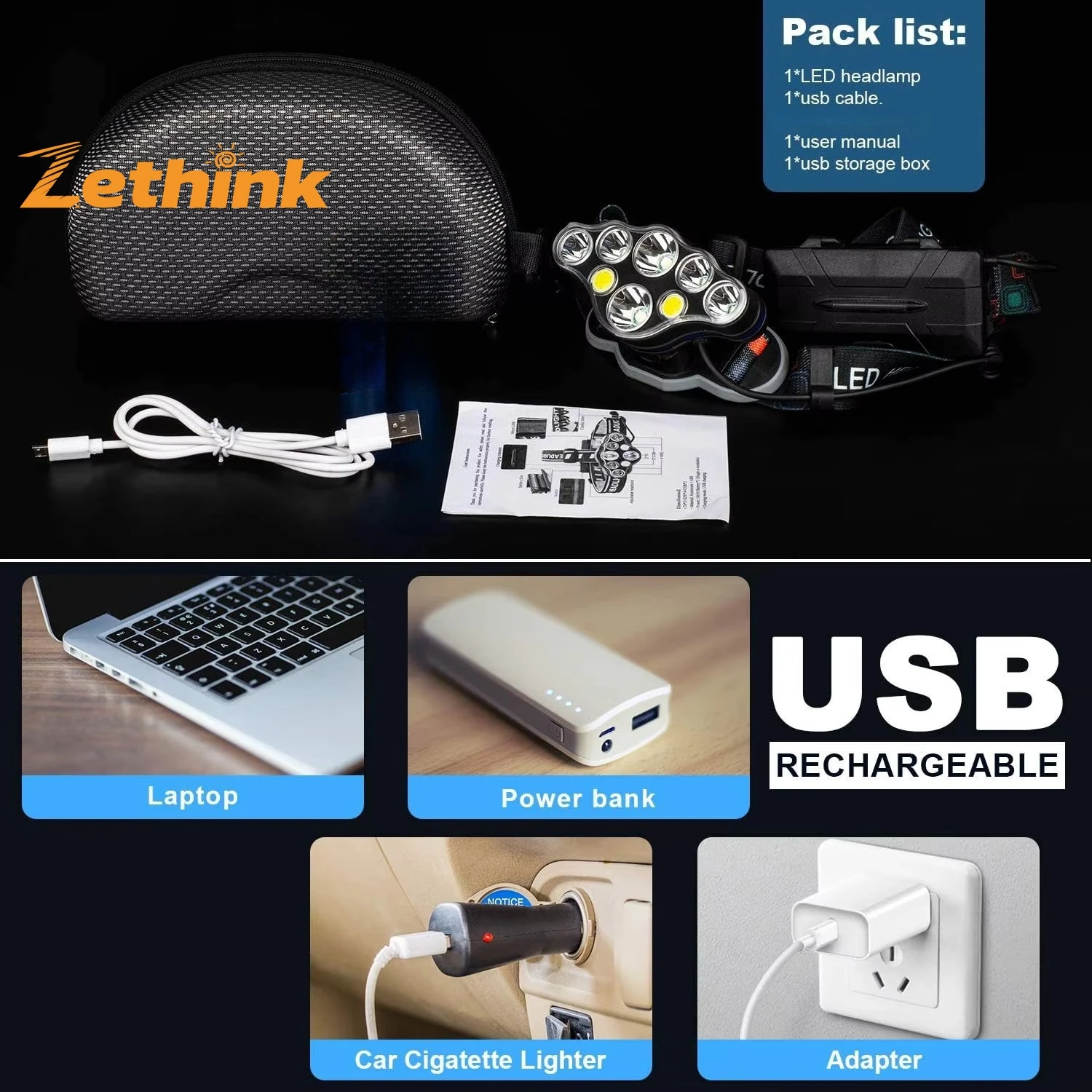 مصباح أمامي T6 LED متعدد الوظائف للتخييم في الهواء الطلق والصيد الليلي مقاوم للماء وشحن USB مصباح أمامي قوي COB