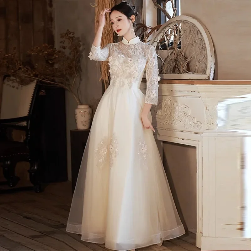 

Свадебное платье невесты, женское элегантное платье трапециевидной формы для хозяйки, кружевное платье с вышивкой и аппликацией, Chesongam, длинный рукав, воротник-стойка Qipao