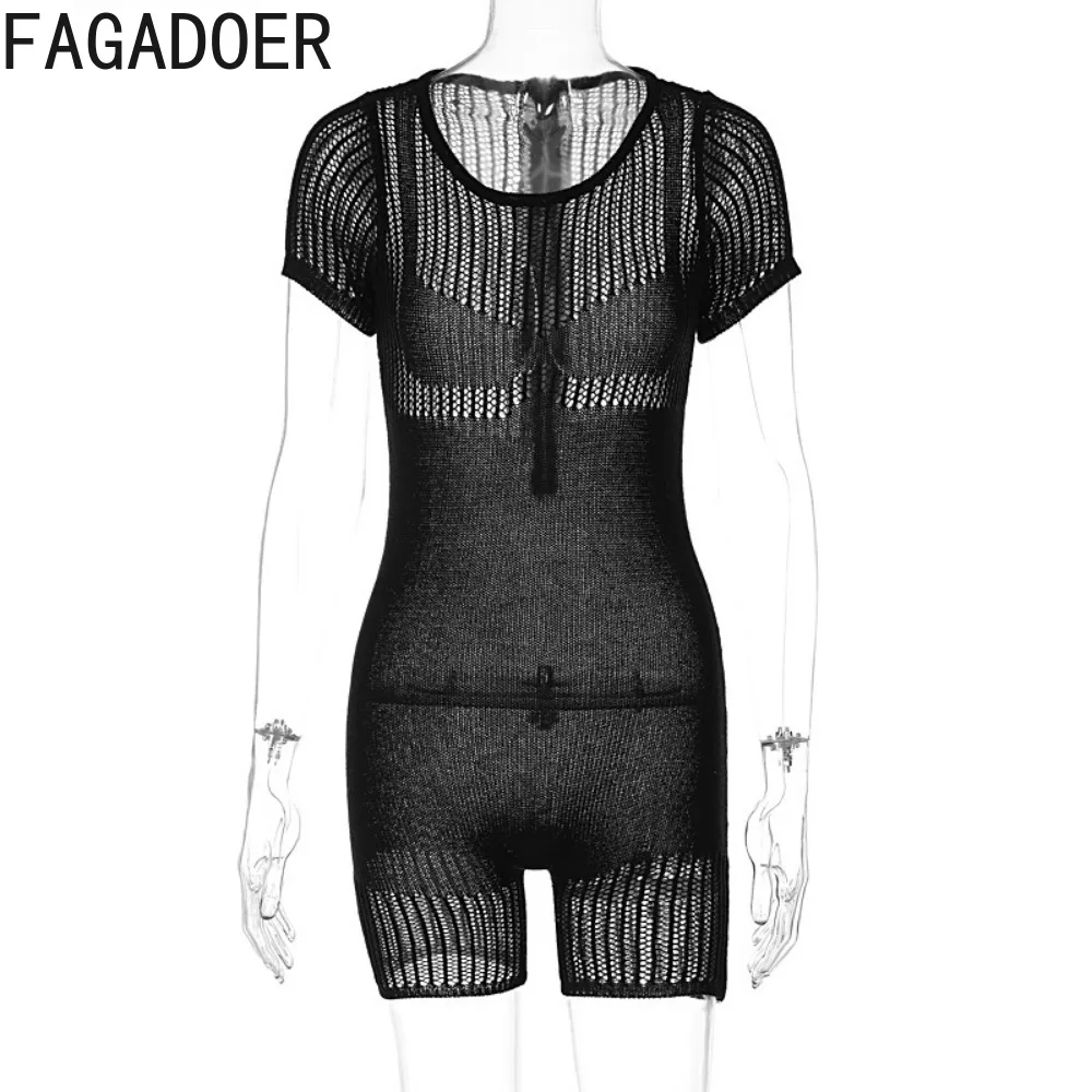 FAGADOER Summer 2024 Knit Women Jumpsuit Women Stretch Thicker Hollow Short Sleeve Bodycon Rompers Fashion Sexy Club Streetwear