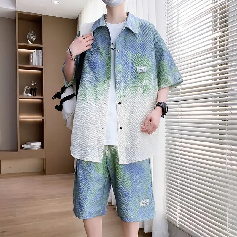 

Summer Casual Teen Boys Trendy Shirt Shorts Set Loose Fit Breathable Blend Stylish Handsome Men's Outfit for School Streetwear