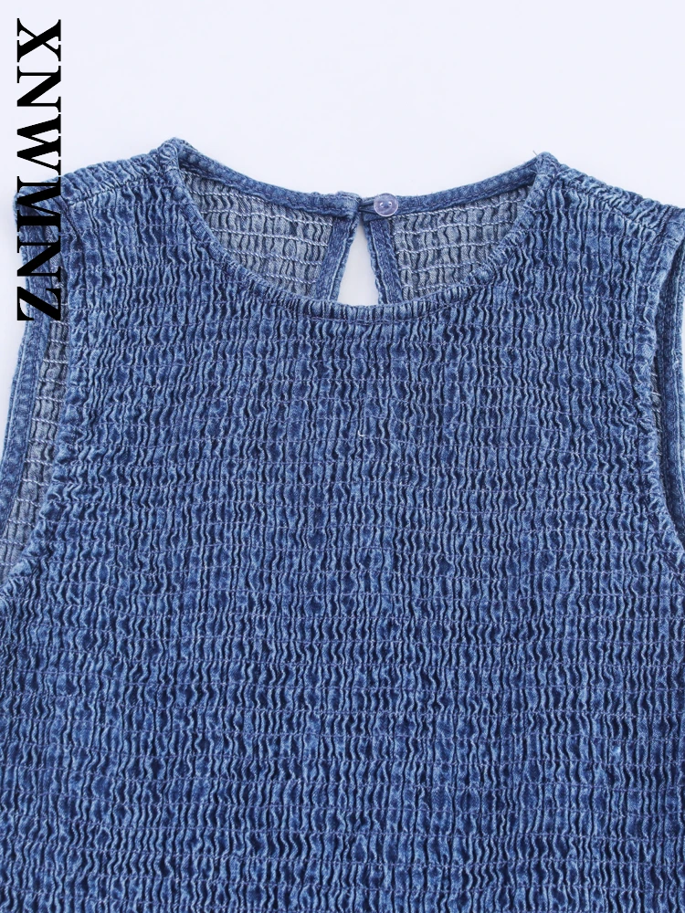 Xnwmnz 2025 verão mulher simples moda sem mangas o-gola em camadas mini vestidos casuais chique senhora azul emenda vestido plissado