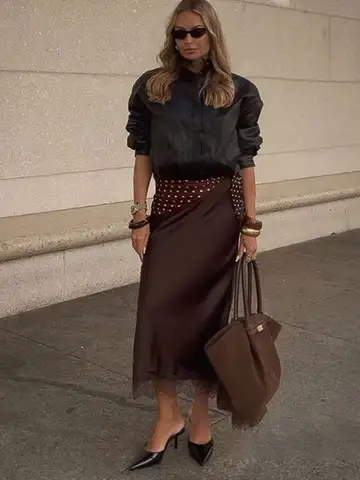 HH Skirt For Women Vintage Solid Lace Hem Skirt Elastic Waist Midi Skirts Woman Elegant Evening Club Party Luxury  Chic Skirt