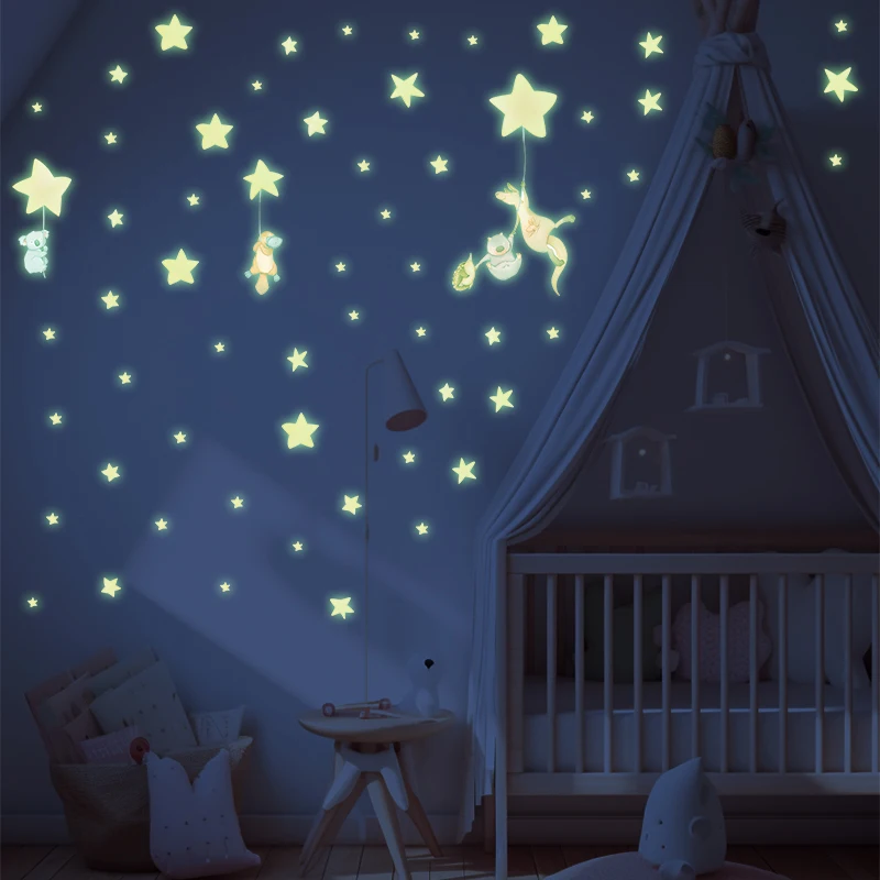 ธีมการ์ตูนสัตว์สติกเกอร์ติดผนังเรืองแสงจิงโจ้หมีโคอาล่าสำหรับเด็กผู้ชายห้องนอนเรืองแสงในดวงดาวมืดสติกเกอร์ส่องแสง hiasan kamar