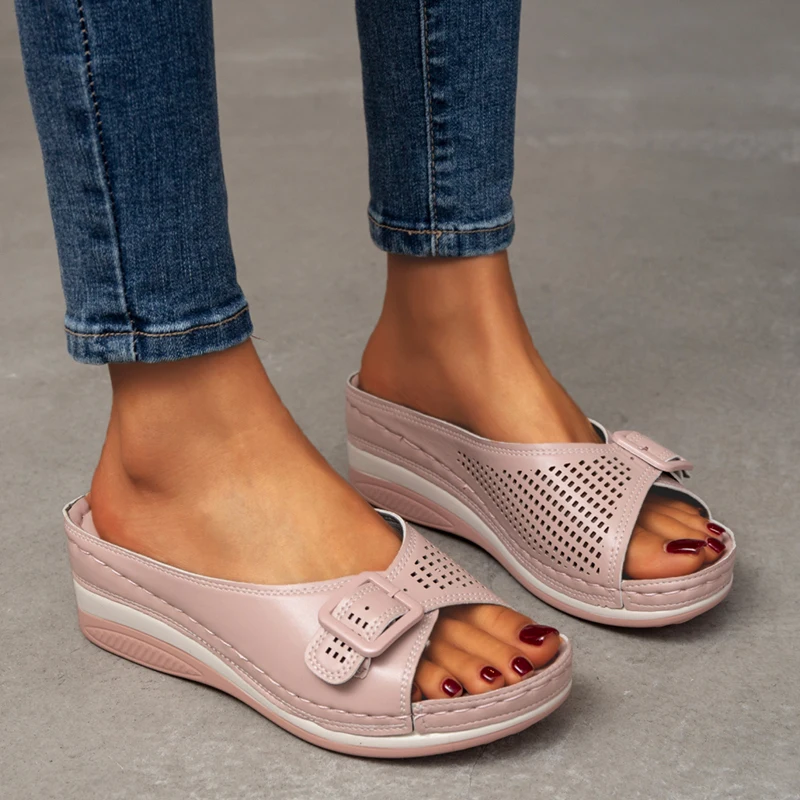 Plus Size Wedges Slippers Women 2022 Summer Buckle Fish Mouth Sandals Woman Lightweight Slope Heels Beach Flip Flops for Female