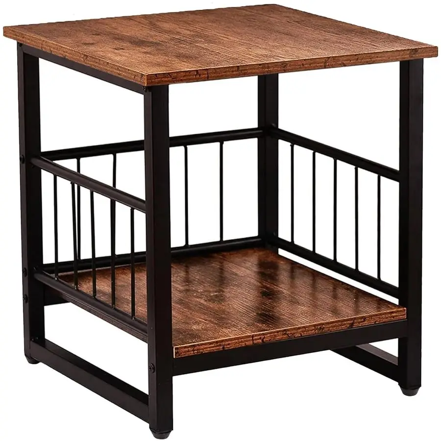 

Прикроватный столик в индустриальном стиле с 2-уровневой полкой для хранения, подставка для мини-холодильника до 82 кг с регулируемыми ножками, деревянная прикроватная тумбочка 18x18 дюймов, маленькая