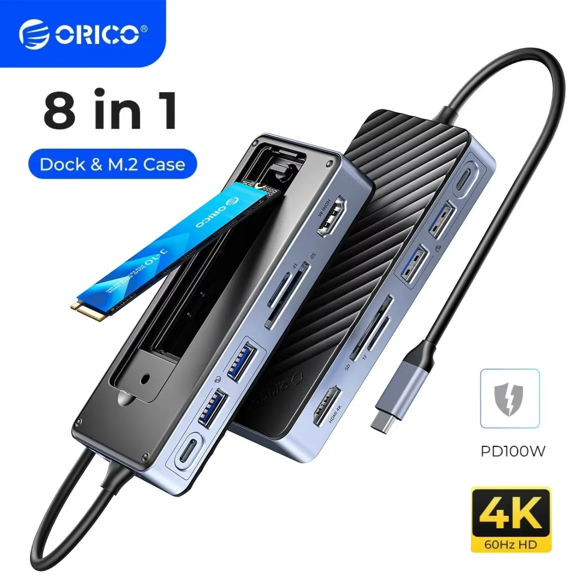 

ORICO 8 IN1 USB C HUB M.2 SATA Nvme SSD Enclosure Laptop 10Gbps Docking Station 4K60Hz HDMI-Com PD100W RJ45 PC 8-Port Hub Adapte