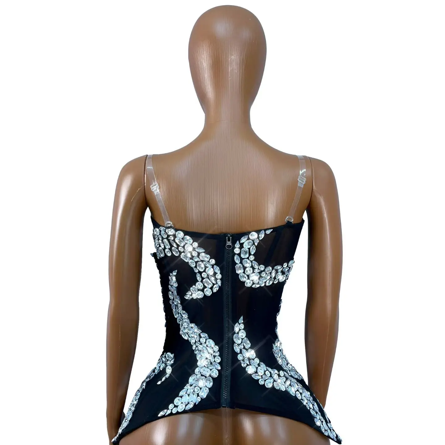 Shenhua Sparkly Black Sheer Mesh Silver Rhinestone Snake Corset Top Sleeveless Party Club Stage Outfit for Women