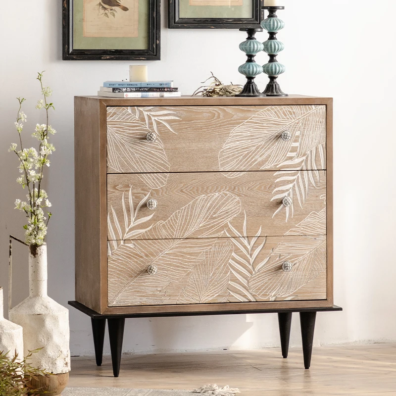 

French retro solid wood carved flower bucket homestay sofa side cabinet living room household storage and storage