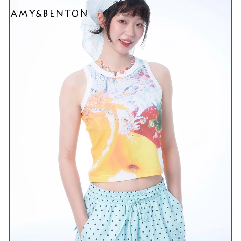 

Japanese Sweet Cool Fruit Print Women's Top Original Design 2025 Summer New Colorful Rhinestone Double-Sided Wear Vest Ladies