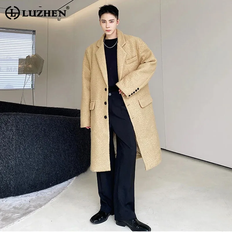 

LUZHEN 2025 осень-зима, новая мода, ветровка длиной до колена, мужской однотонный шерстяной плащ высокого качества, JY4836