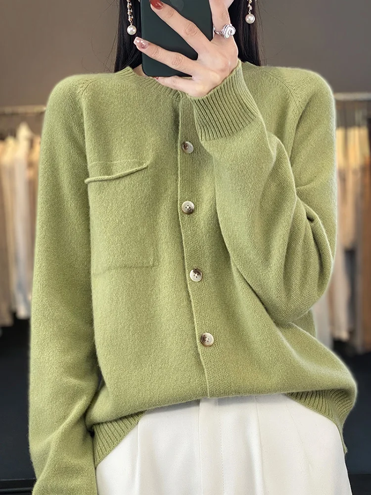 Women\'s O-Neck 100% Pure Wool Cardigan Autumn Winter New Long Sleeve Knitted Coat Casual Warm Pocket Sweater Loose Jacket Blouse