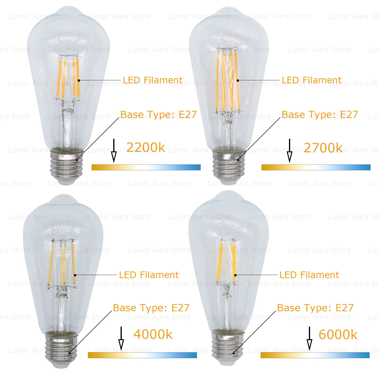 

10PCS 2200K 2700K 4000K 6000K ST64 Retro LED Filament Lamp AC220V E27 Home Decoration Edison Vintage Chandelier Light Bulb