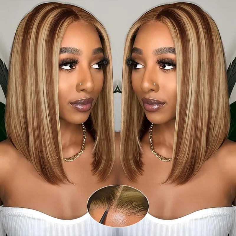 

200% Density Blonde Highlight Ombre Lace Front Wig Human Hair stright 6x4 Short Bob Glueless Wigs Human Hair Pre Plucked Pre Cut