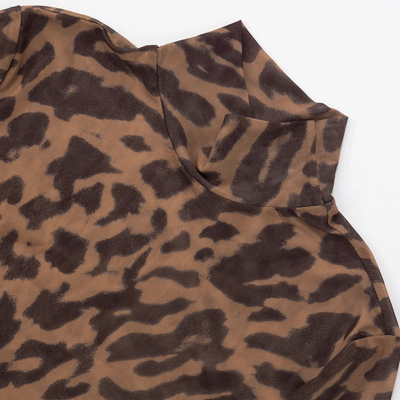 CUTENOVA المرأة ليوبارد طباعة شبكة شفافة مجموعة عالية الرقبة طويلة الأكمام ارتداءها نحيل تخزين فستان أطفال مع سروال داخلي السببية الشارع الشهير مجموعة #5