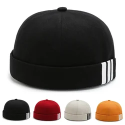 Boné Docker de cor sólida para homens e mulheres, calota com estampa listra, gorro de marinheiro, chapéu de balde sem aba ajustável, moda