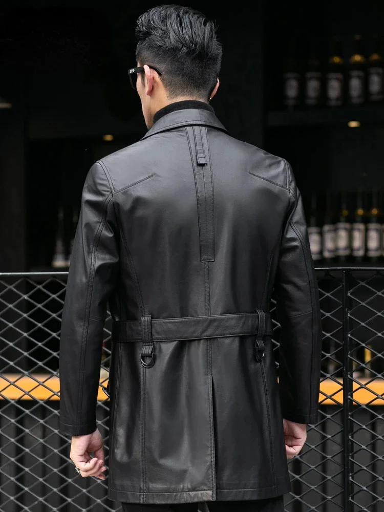 Men's New Mid-Length First Layer Cowhide Trench Coat Genuine Leather Single Breasted Black Business Casual Jacket plus Size 6XL