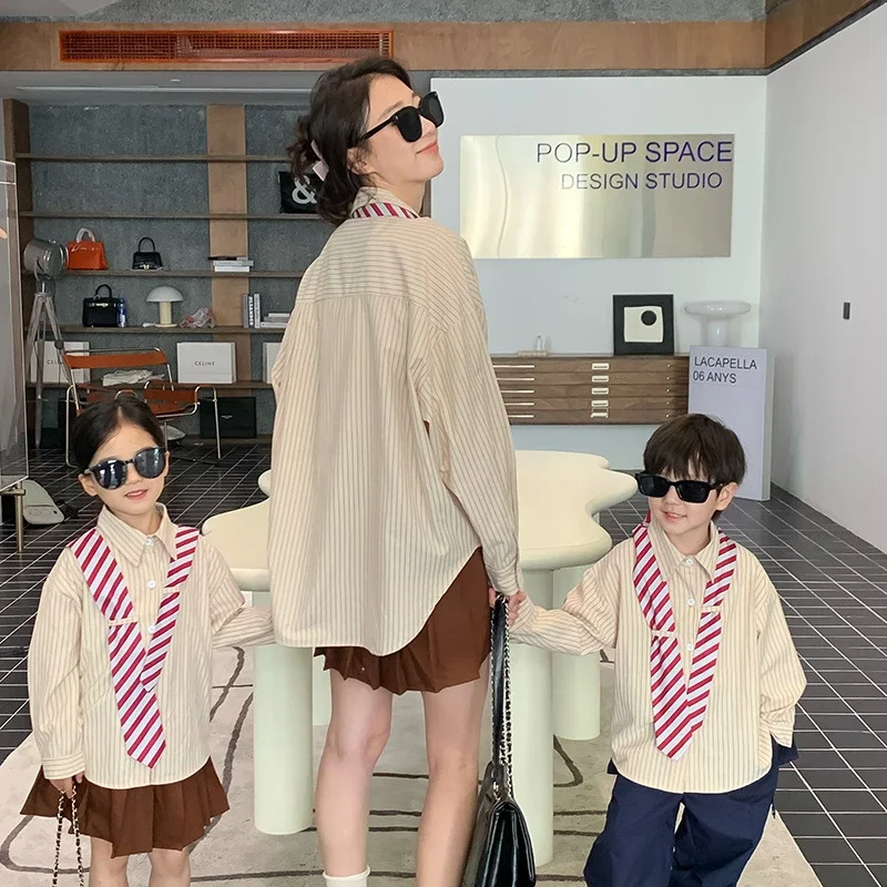 Mom and Son Matching Shirts with Tie Mother Daughter Long Sleeve Blouse Korea Fashion Mommy Baby Boy Clothing Children Clothes