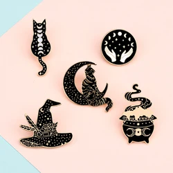 Punk Black Witch Enamel Pins Magic Wizard Stove Hat Moon Cat Brooches Bag Clothes Lapel Pin Gothic Badge Witchcraft Jewelry Gift