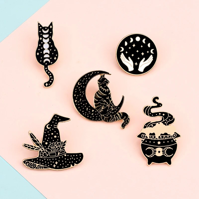 Punk Black Witch Enamel Pins Magic Wizard Stove Hat Moon Cat Brooches Bag Clothes Lapel Pin Gothic Badge Witchcraft Jewelry Gift