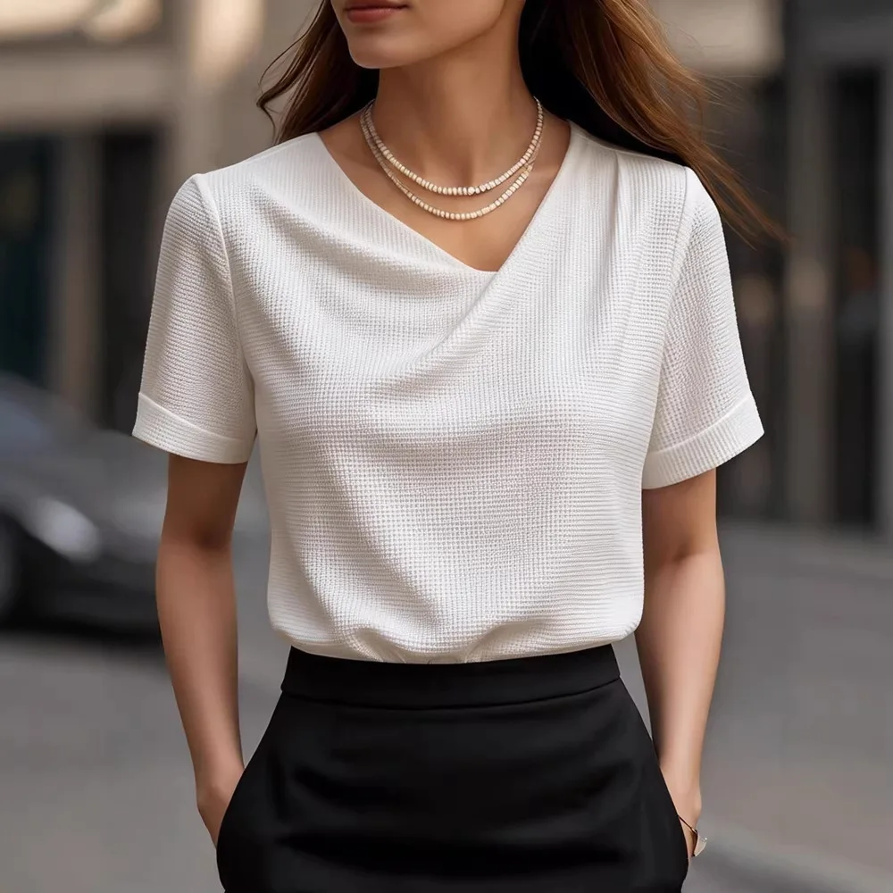 2026 new women's casual V-neck short sleeved loose fitting multi colored women's T-shirt