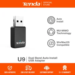 Tenda U9 AC650 Wireless Dual Band USB Adapter | Auto Install | MU-MIMO | Mini Design | Wifi Dongle | Plug & Play