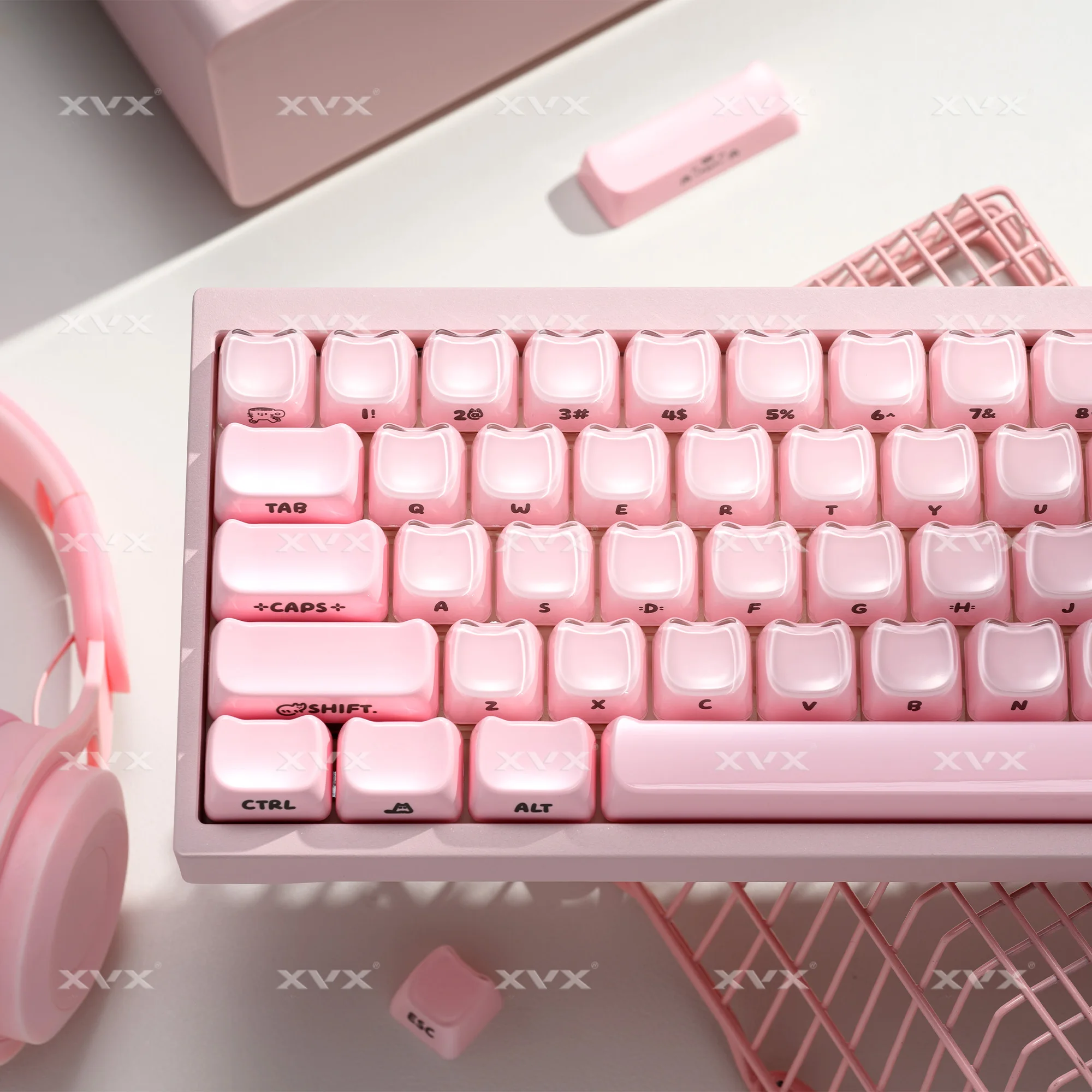 XVX Jelly Side Keycaps Cute Korean Crystal Pink Keycap MAO Profile for Cherry MX 61 68 104 Mechanical Keyboard Kitty Cat 119 Key view 2
