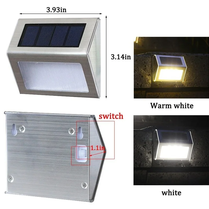 Solar Powered Fence Lights Outdoor Stainless Steel Waterproof Illuminates for Stair Deck Patio Step Fence Outside Wall Stair