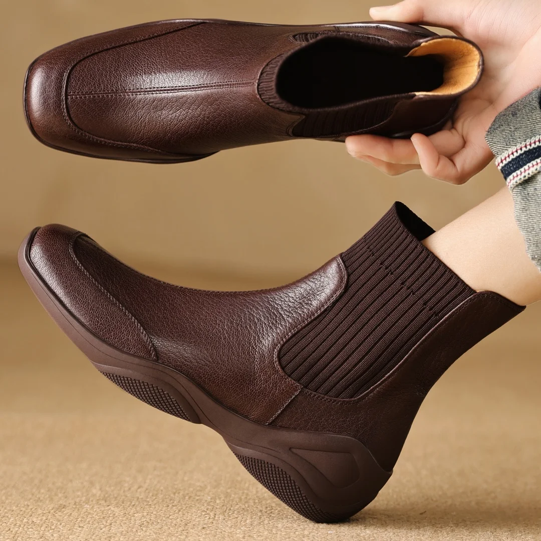 

Women's sheepskin stretch knit patchwork square toe slip-on autumn ankle boots high quality soft comfortable casual short boots