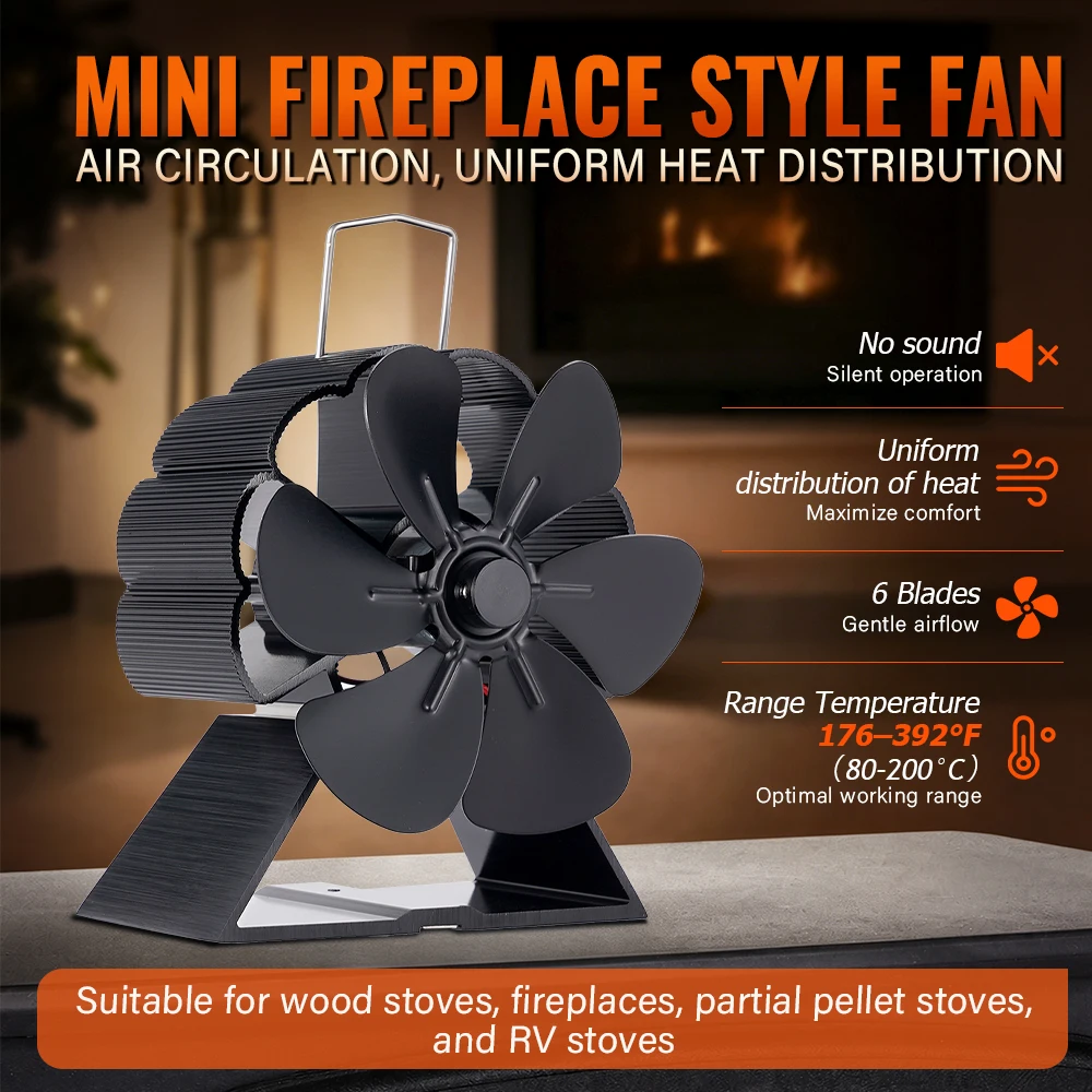 6 Blade Heat Powered Stove Fan Anodized Aluminum Quiet Eco Heat Circulation For Wood Log Burner Fireplace Home Winter Heating