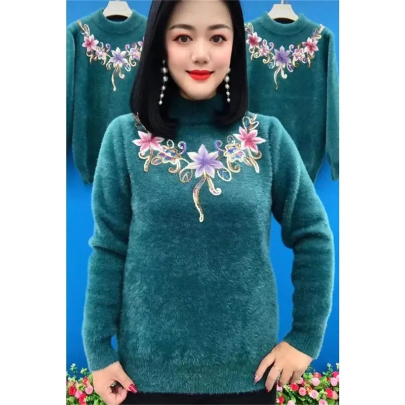 Mink Velvet Embroidered Flower Sweater Fashionable Mother\'s Comfortable Middle-Aged Elderly Winter New Half High Collar Pullover