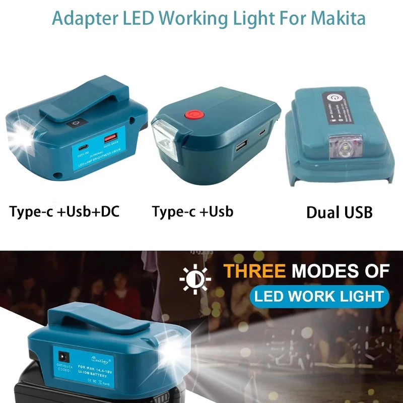 

Battery adapter with led work light For Makita 14.4V18V Li-on Battery with Dual USB type-c DC port Emergency Power Supply