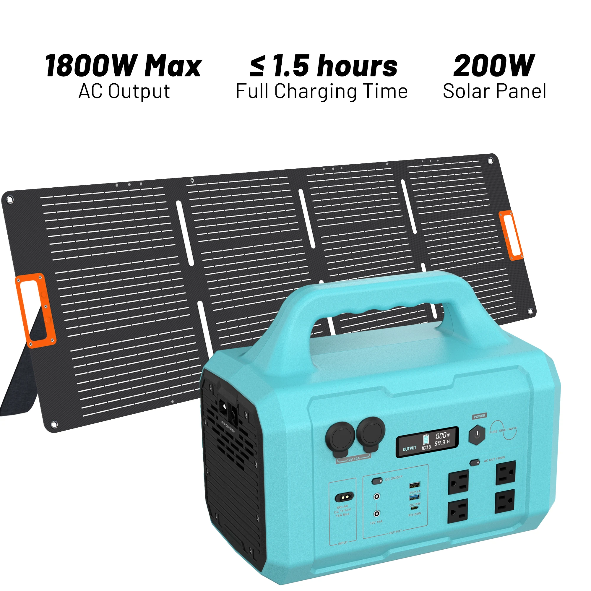 Blue Galaxy 1800W High Power Generator + 200W Solar Panel Portable Power Station Plug and Play