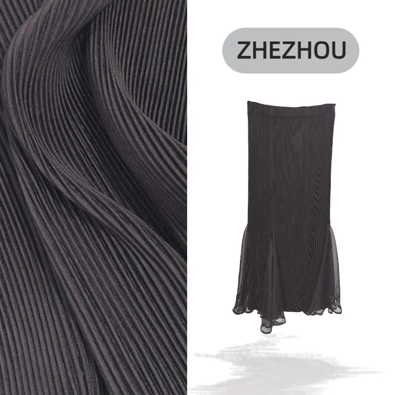 Miyake meia saia plissada 2025 outono inverno engrossado fishtail saia elegante commuter halter design simples emenda sólida jupe