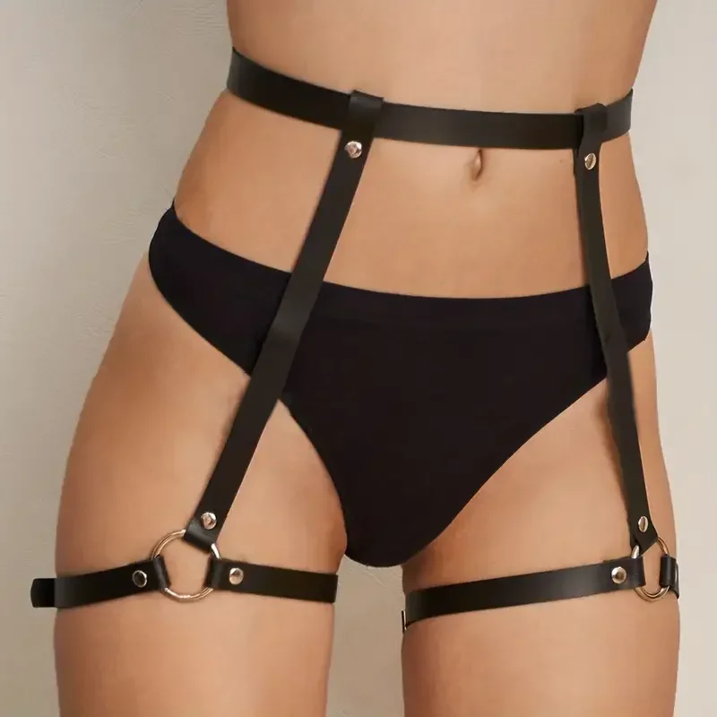 Fashion Accessory Leather Leg Garter Waistbelt Strap Suspender Pants For Nightclub Performances Versatile Black