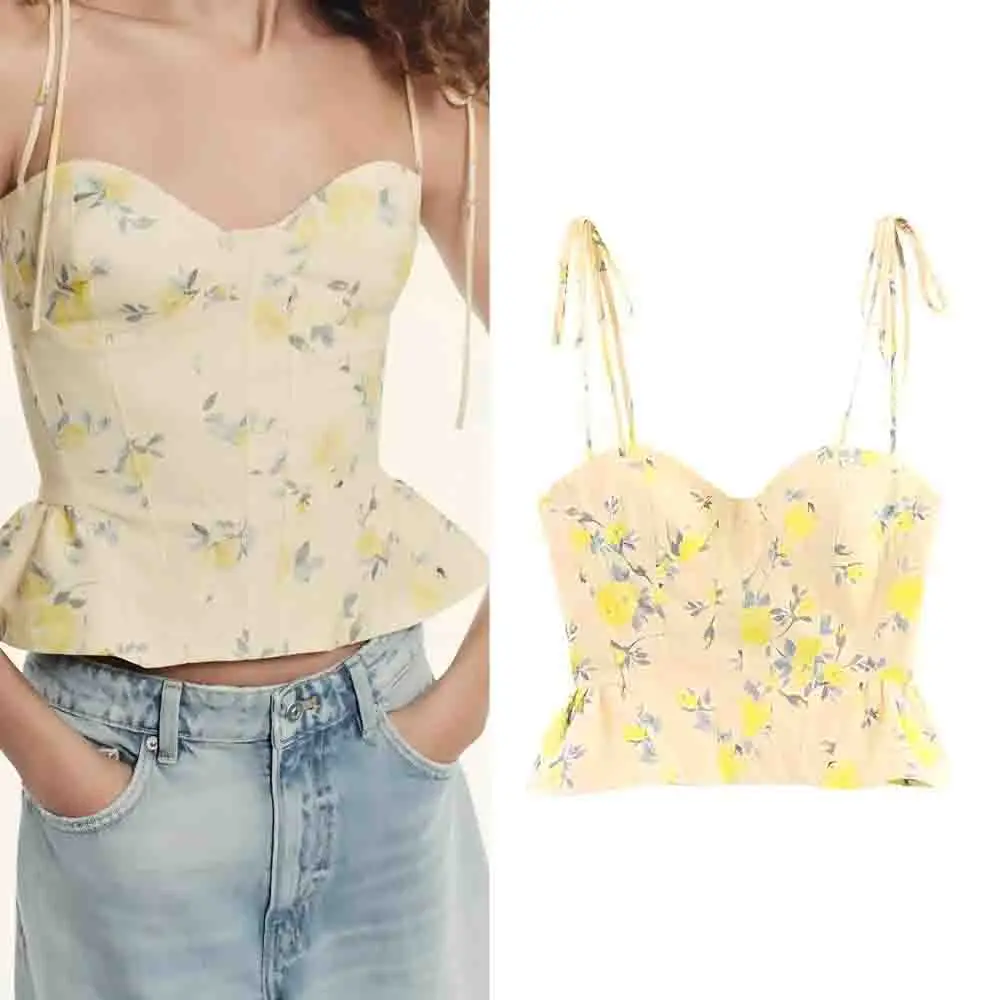

Women's summer fashion slim short floral print poplin suspender top retro sleeveless women's vest chic top