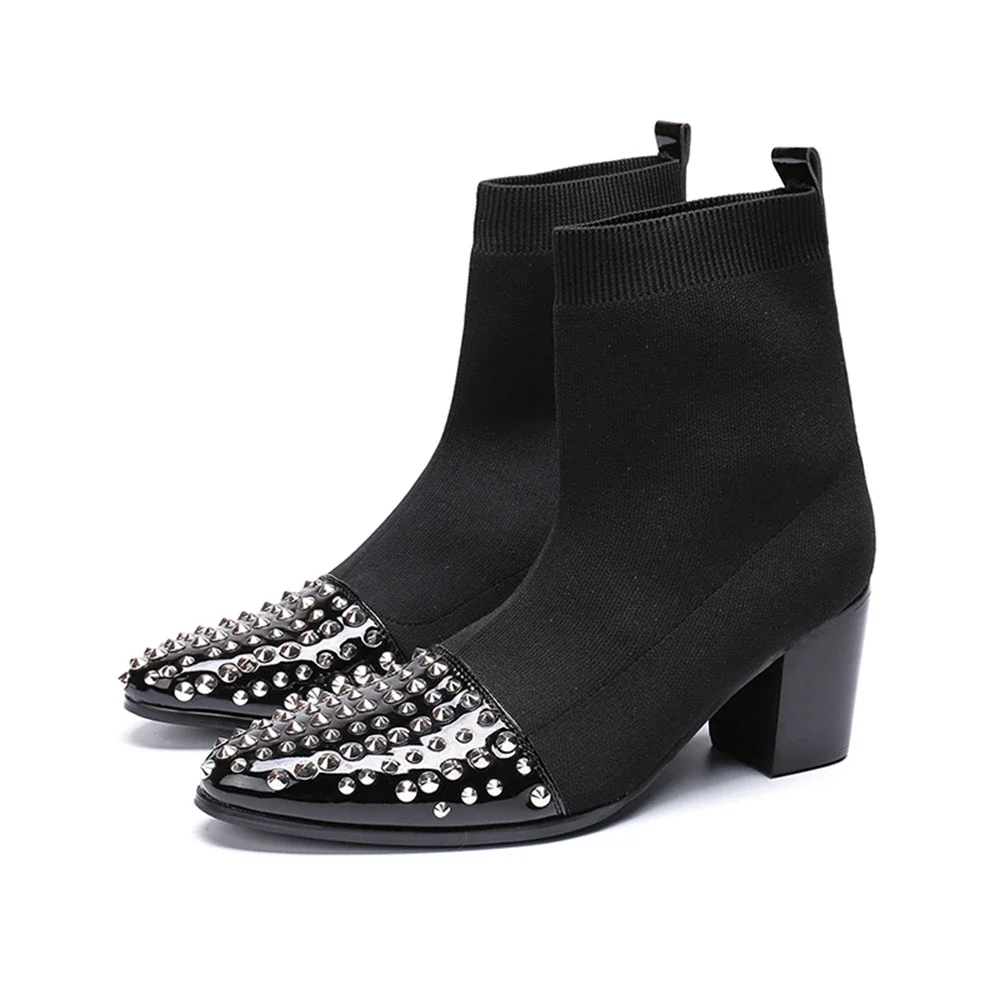 Black Nylon Stretch Fabric Rivet Genuine Leather Thick High Heels Pointed Toe Boots Male Plus Size Party Wedding Dress Shoes