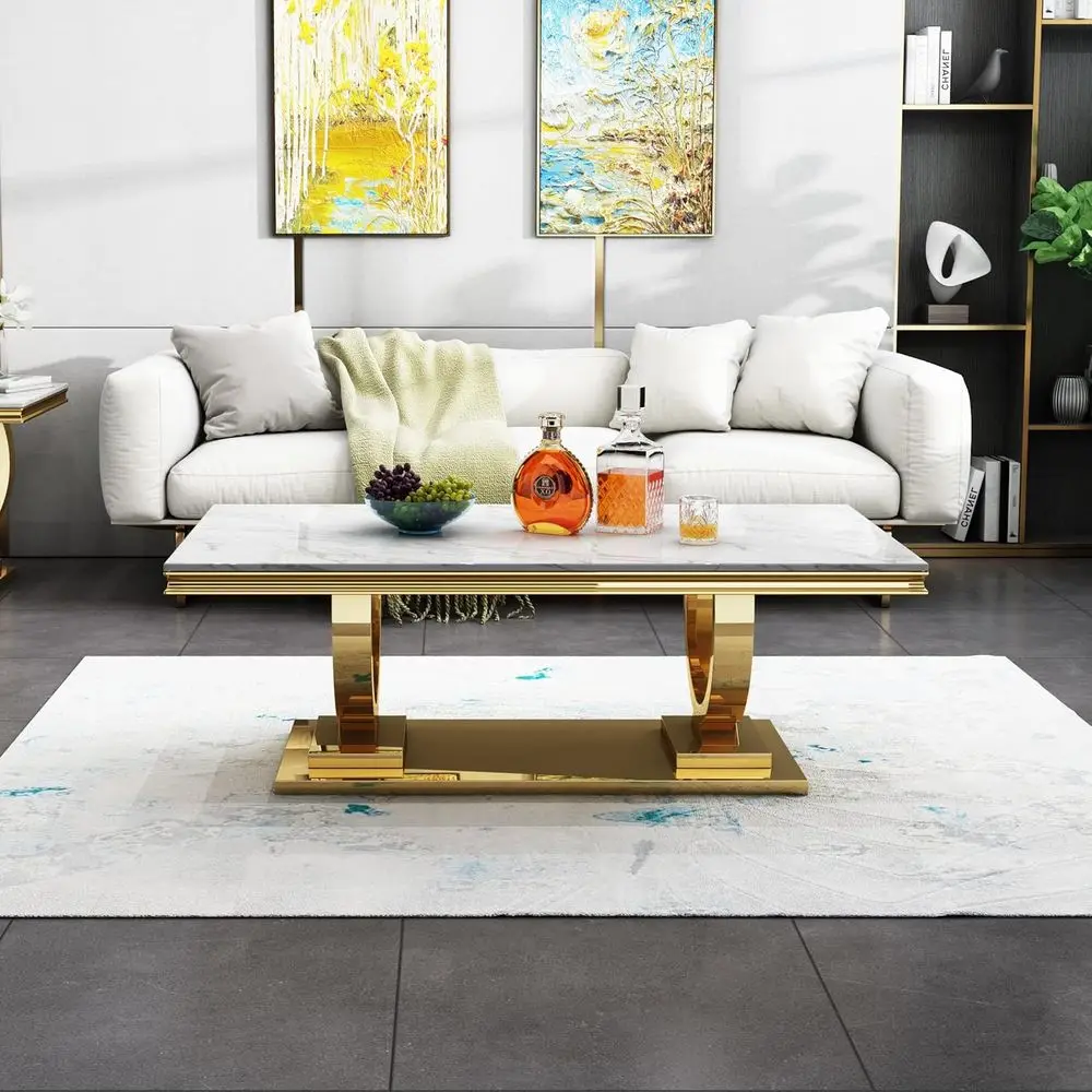 Modern Rectangular Faux Marble Coffee Table with Mirrored Stainless Steel Base for Living Room and Center Tea Service