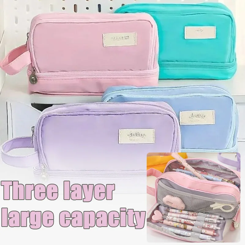 1 Unit Cute Pencil Case 3 Layer Large Capacity Stationery Organizer High Aesthetic for Junior High Student Back To School Use