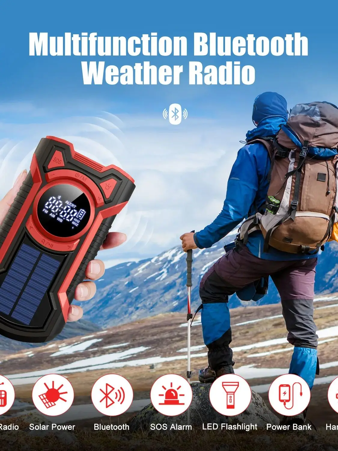 Radio d'urgence à manivelle solaire 5000mAh, IP65 étanche à la poussière Bluetooth 5.3 Portable AM/FM/NOAA Radio d'alerte météo