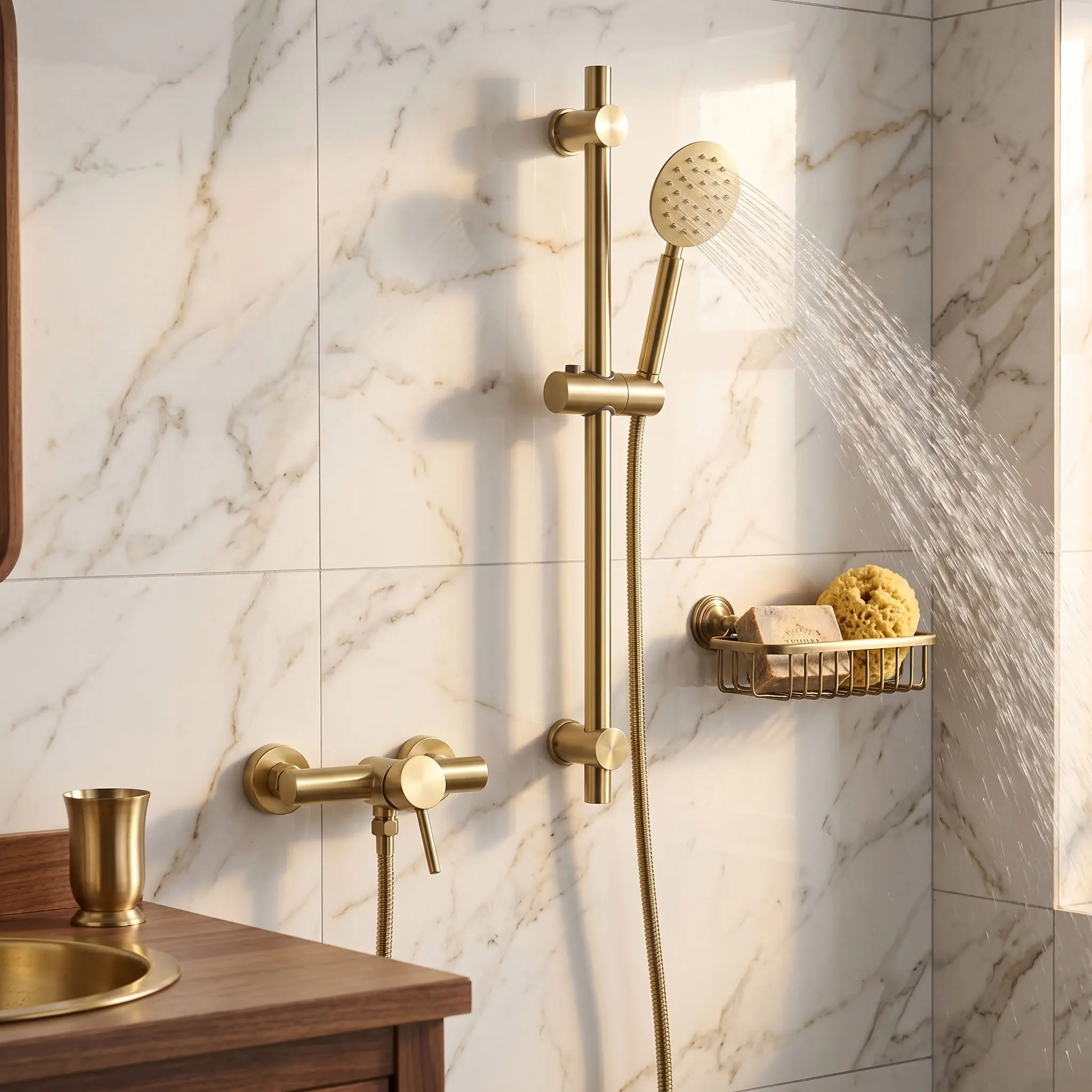 Brushed Gold Bathroom Shower Faucet Set Wall Mounted , Cold and Hot Bath and Mixer Taps Brass